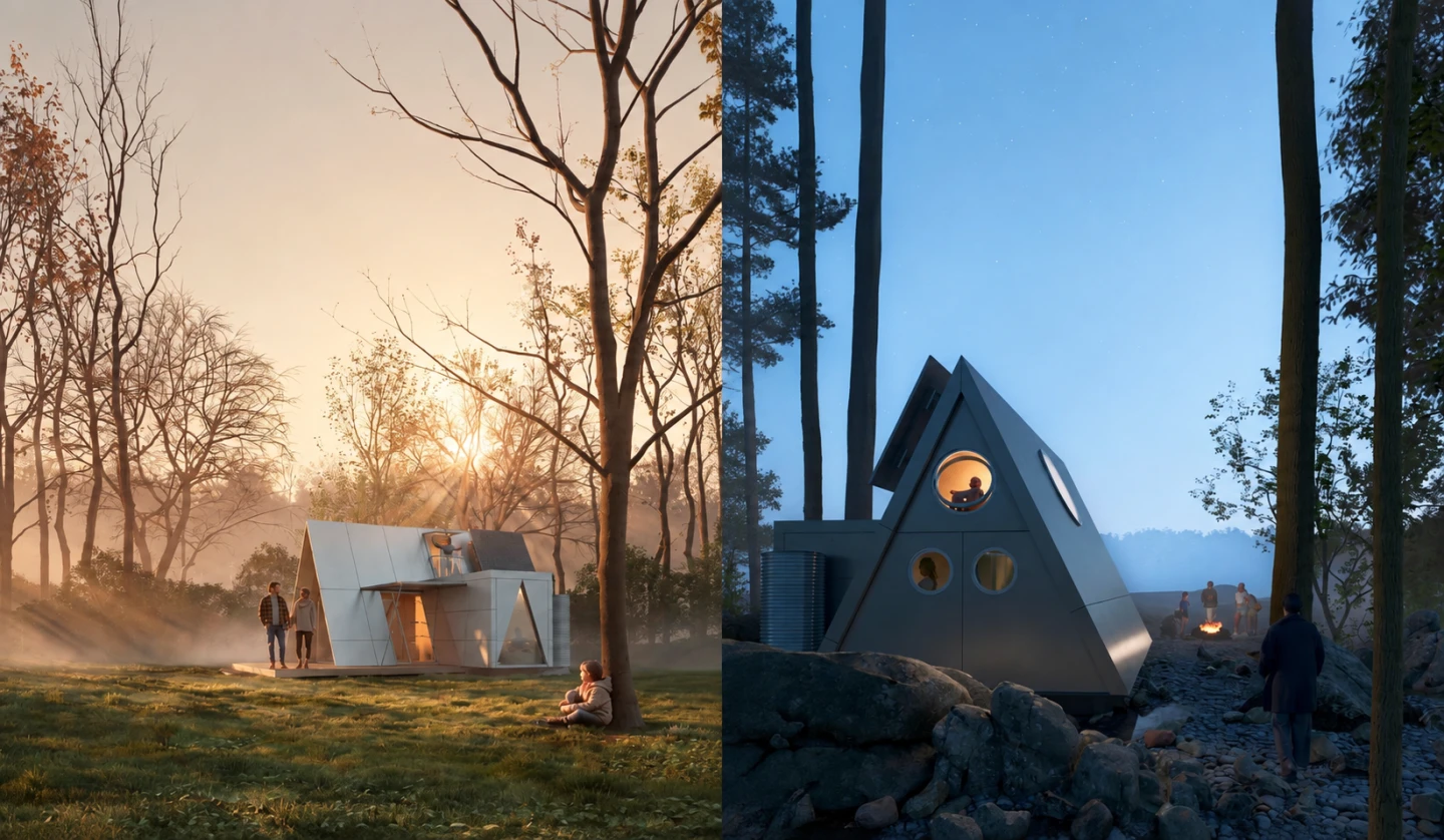 Tent-like micro home unfolds into an off-grid A-frame