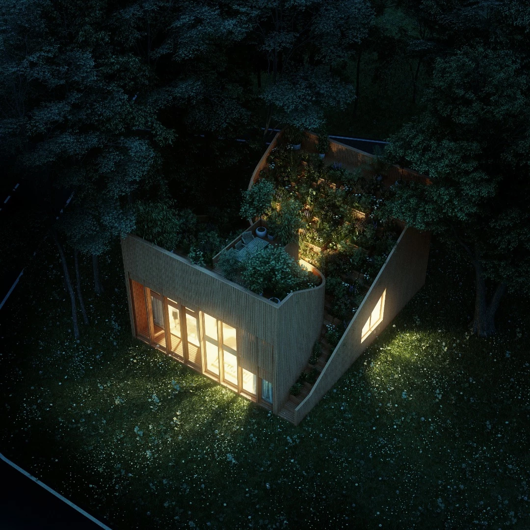 Yin & Yang house at night