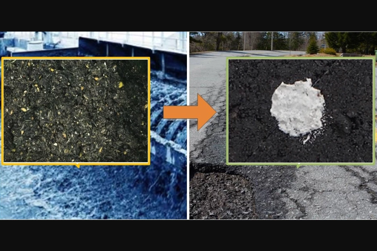 Previously non-recyclable grit used in the treatment of wastewater (left) has been converted into a pothole repair material called GAP (right)