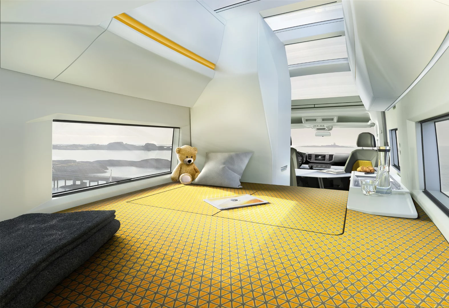 The creative rear bedroom of the XXL concept was closed off with the slide-out bathroom and a lift-up countertop panel, and the wall served as a screen for the projector TV system