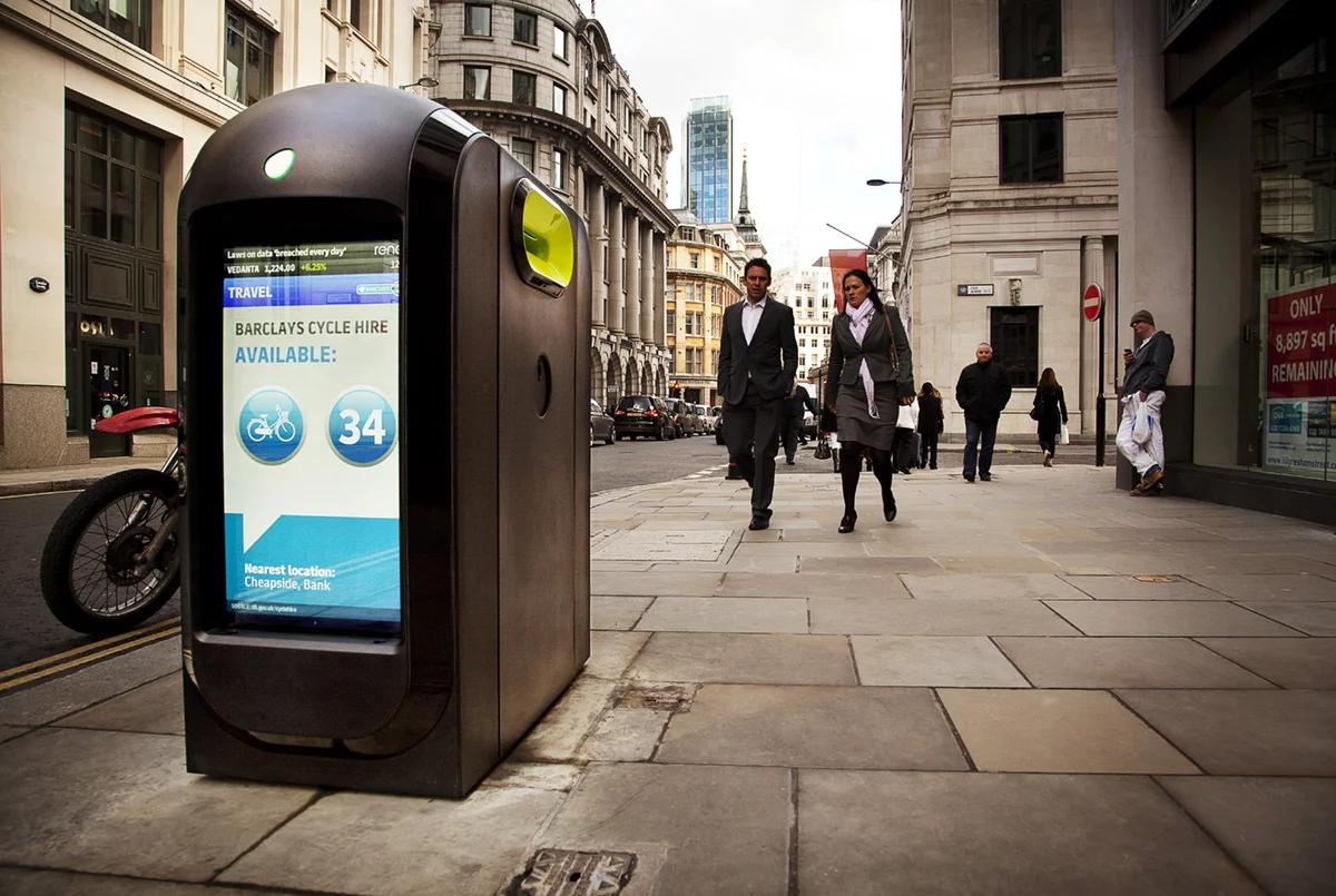 A Renew communication pod/recycle bin located in London' Gresham Street
