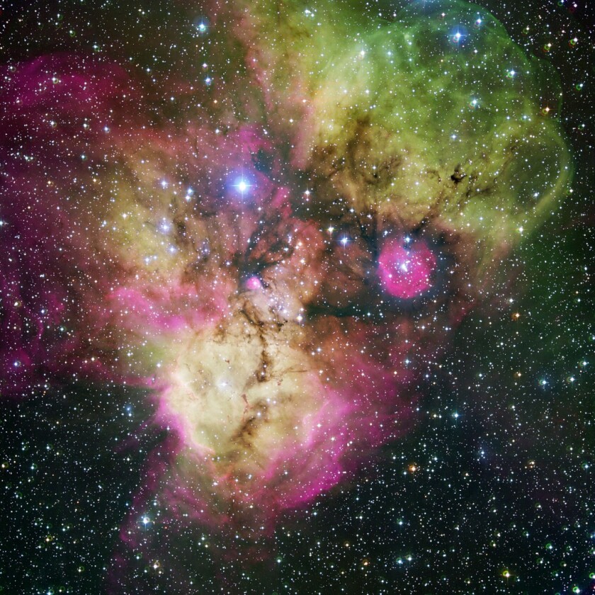 Full view of the Skull and Bones Nebula captured by the MPG/ESO 2.2-meter telescope in 2005. The newly imaged section can be seen at the bottom of the image, forming the pirate's gaping mouth