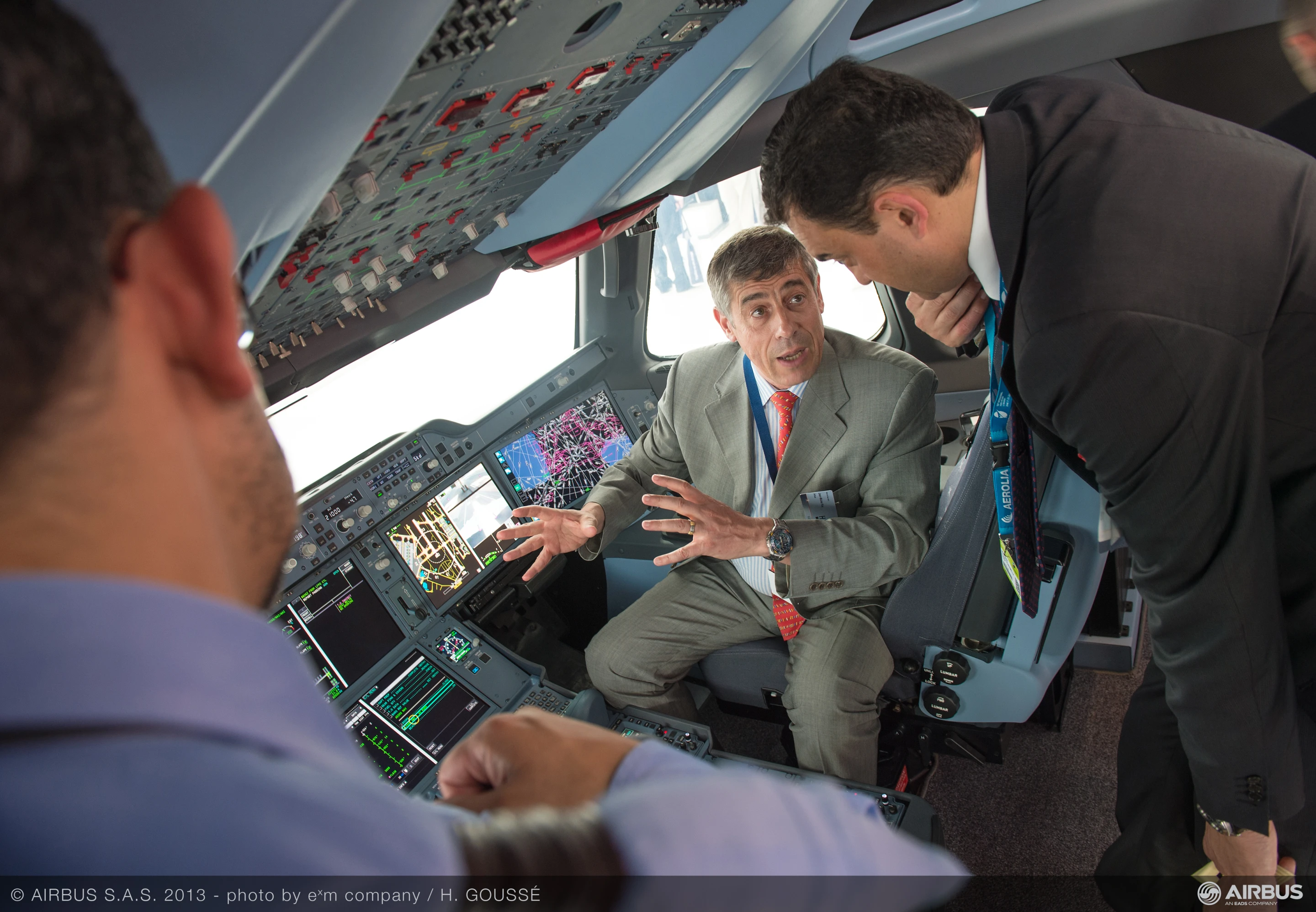 The interior of an A350 XWB mock-up cockpit at the Paris Air Show