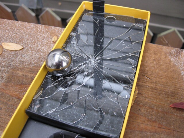 An unprotected piece of Gorilla Glass 2, post ball-drop
