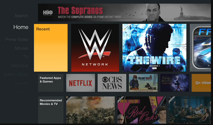 The home screen of the Fire TV Stick interface