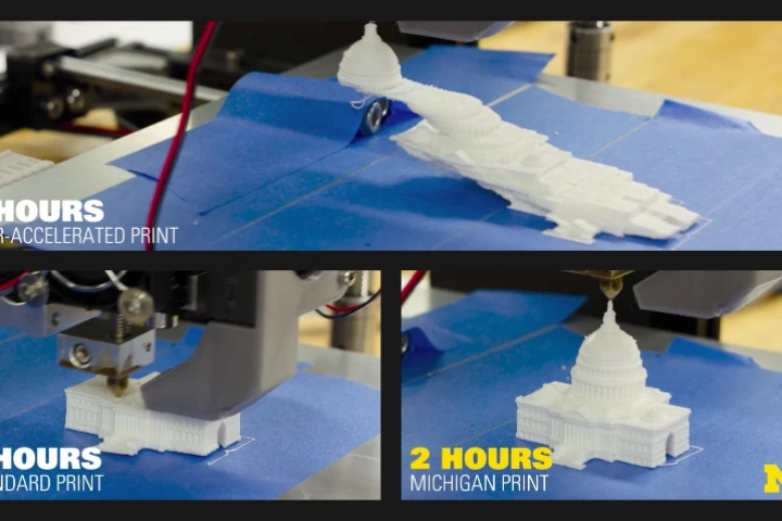 The same item printed at accelerated speed without the algorithms (top), at regular speed without them (bottom left), and at accelerated speed WITH them (bottom right)