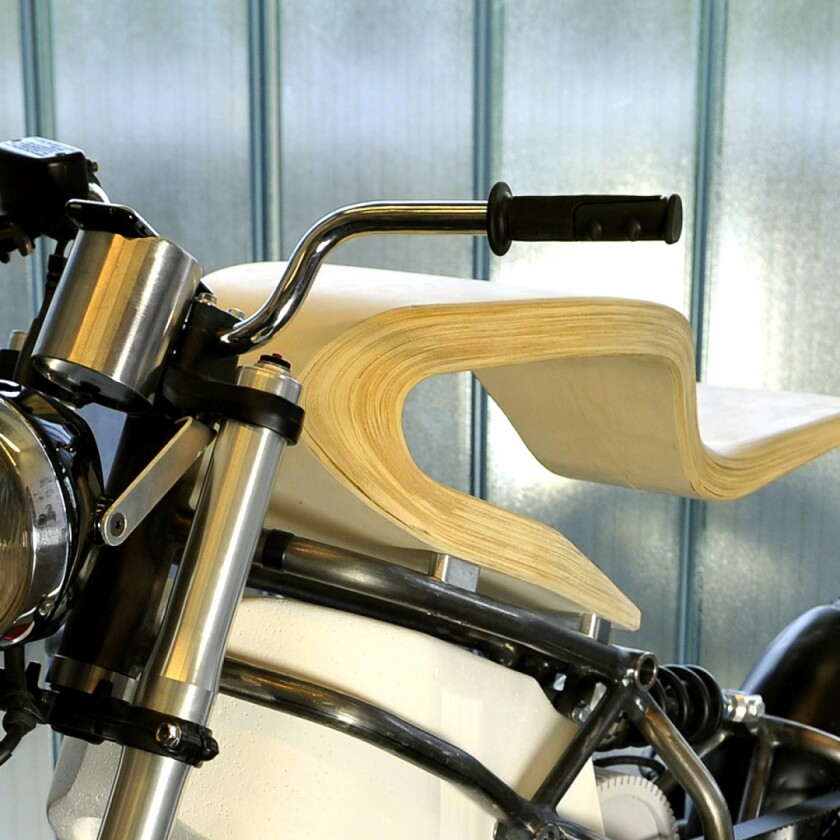 Martin Hulin's e-Raw electric motorcycle: shaped laminate wood seat/'tank' unit
