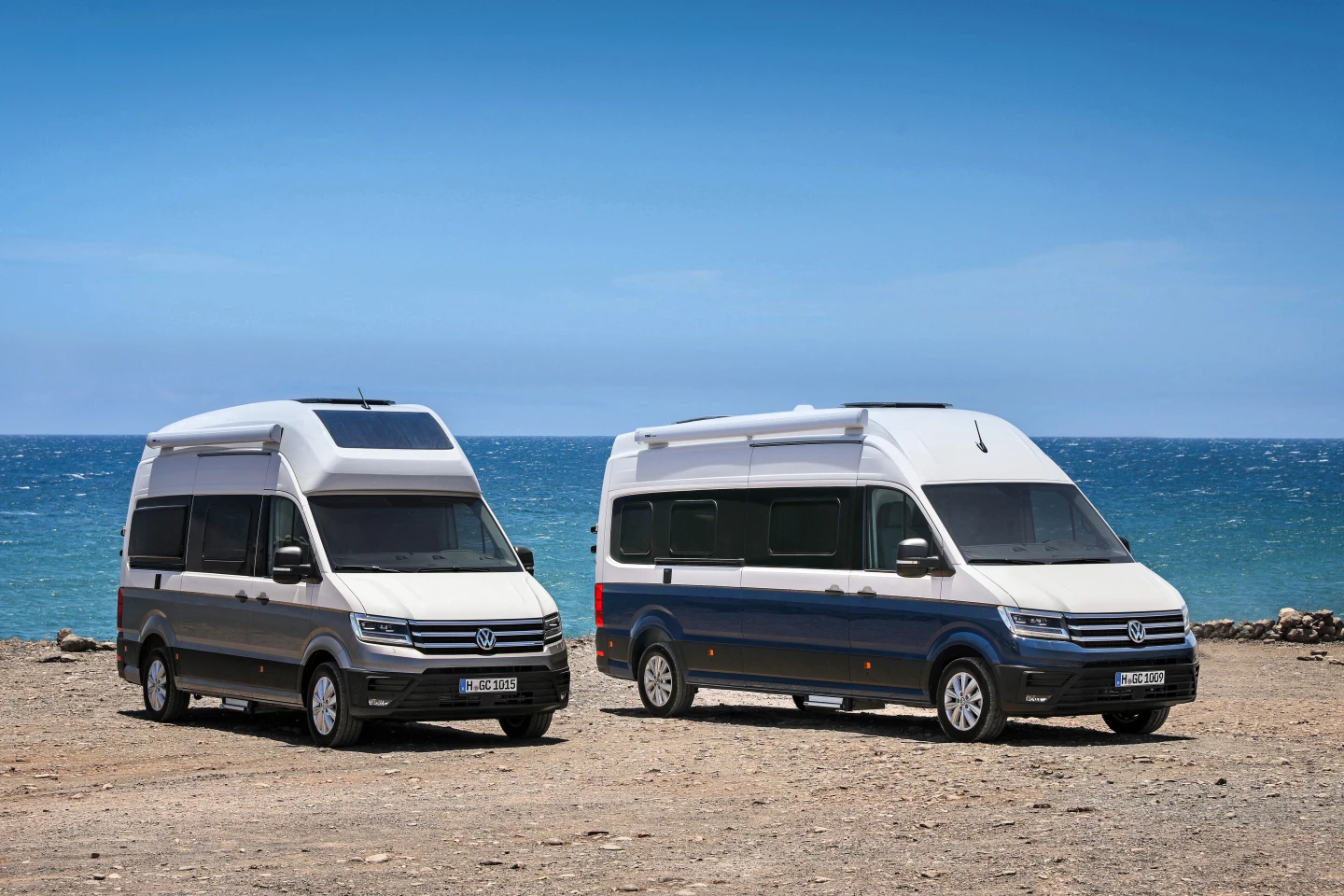 Volkswagen will carry over both the Grand California 600 (reader's left) and 680 floor plans for the new refreshed model year