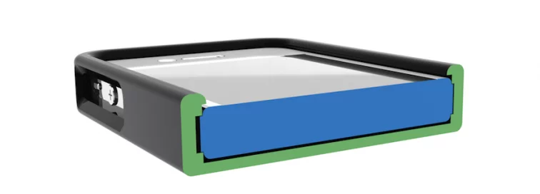 The design incorporates a stainless steel band that stops it interfering with the glass screen