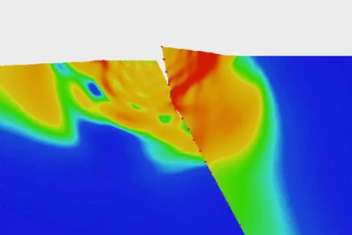 Caltech's computer model shows how one wall can twist away from the other in the event of an earthquake, opening a gap on the surface that then snaps shut