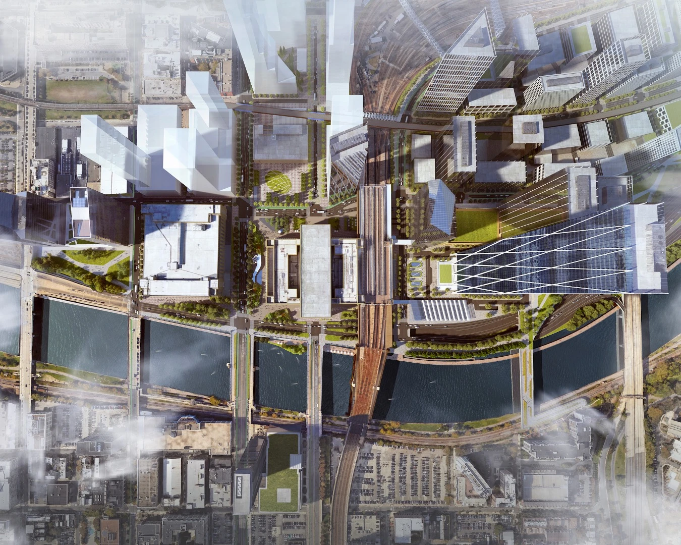 The Philadelphia 30th Street Station District Plan includes 18 million square feet of new development built atop 88 acres of existing railyards as well as an additional 40 acres of new open space