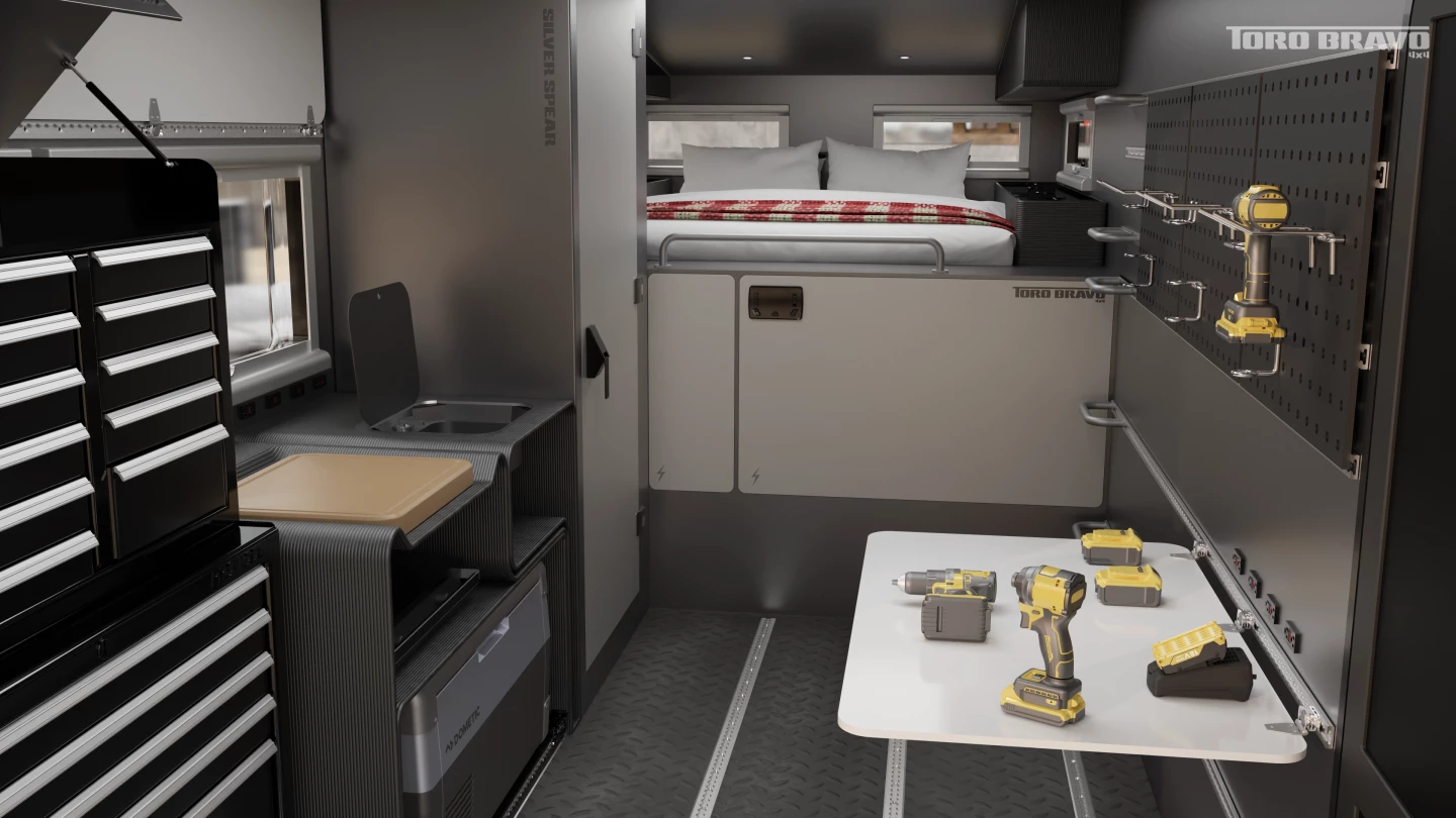 Owners can keep the galley in for use during the work week or remove it for added space, filling out the Silver Spear with toolboxes, workbenches and other work-related fixtures