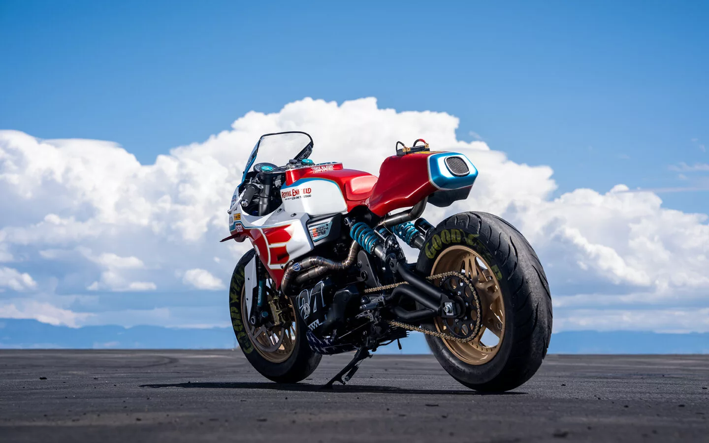 The bike's two-in-one exhaust system's mesh-covered muffler is integrated into the tailpiece