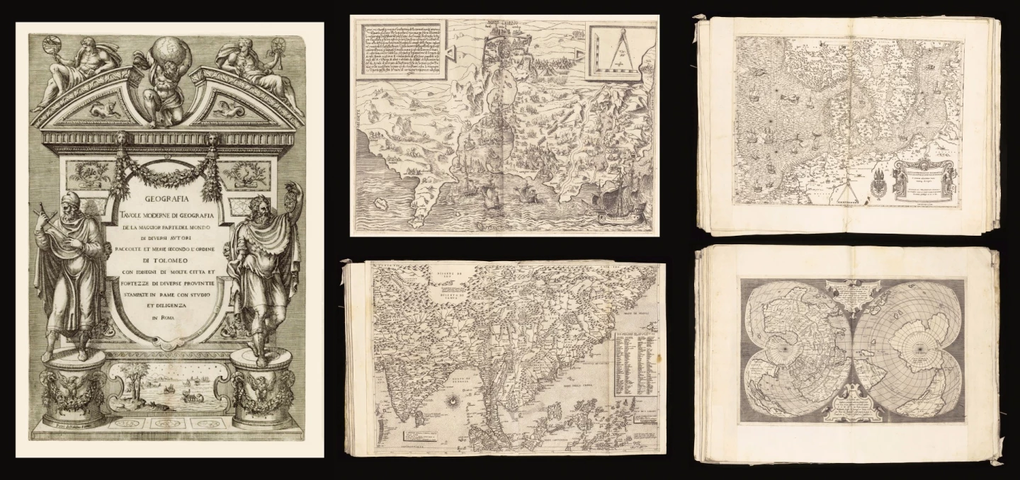 The best known name in the map business 500 years ago was Antonio Lefreri (1512-1577), a Frenchman from Burgundy who settled in Rome in 1540. Accurate maps were rare prior to 1500, but in this period Italian publishers began the practice of copying the individual maps of others and assembling them into collections specifically for the needs of individual customers, then binding of the whole together in book form. These subsequently books became known as Italian-Assembled-To-Order (IATO) atlases and each was a "one-off." Venetian and Roman dealers borrowed from each other, sometimes using a map without alteration, at other times procuring the copperplate and erasing the original imprint and substituting their own, resulting in a mixture of Venetian and Roman imprints. Lefreri was an engraver, printseller, publisher and map trader and with those compatible skill-sets, became the first person to publish atlases in a uniform format. Lafreri was primarily a dealer and publisher, rather than an artisan in his own right. He carried in stock the prints made not only by his own establishment, but by others, and his own name appears comparatively seldom in the atlases attributed to him. The title page of this document, with the added signature of Pietro de Nobili as publisher, is of special importance since few of the Lafreri-school atlases were issued with title-pages, and no other copy carries this second and final state of the title, with Nobili's name. This confirms the descent of the Lafreri business through Duchetti (D.1585) to Pietro di Nobili. The figure of the Titan Atlas supporting the world is first used on this title-page, and was later widely imitated, eventually leading to the name of the genre. That's quite some provenance, and hence the value.
