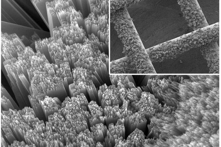 Electron microscope images of the nanometer-sized rods of titanium dioxide that cover the surface of a piece of titanium gauze, allowing air to enter the battery to recharge it while also gathering light to generate electricity (Image: Yiying Wu, Ohio State University)