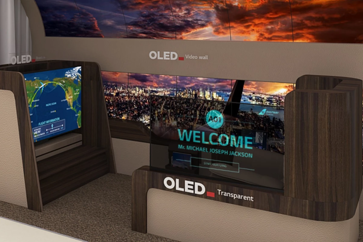 LG Display's vision for the aircraft cabin of the future includes an OLED wall and transparent partitions
