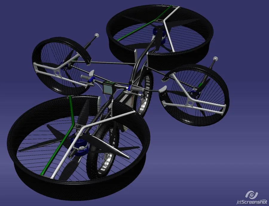 When on the ground, the FBike will have all of the features commonly seen on everyday pedal bikes - the side props and telescopic stabilizers can be rotated 90 degrees to provide the rider with a boost if needed