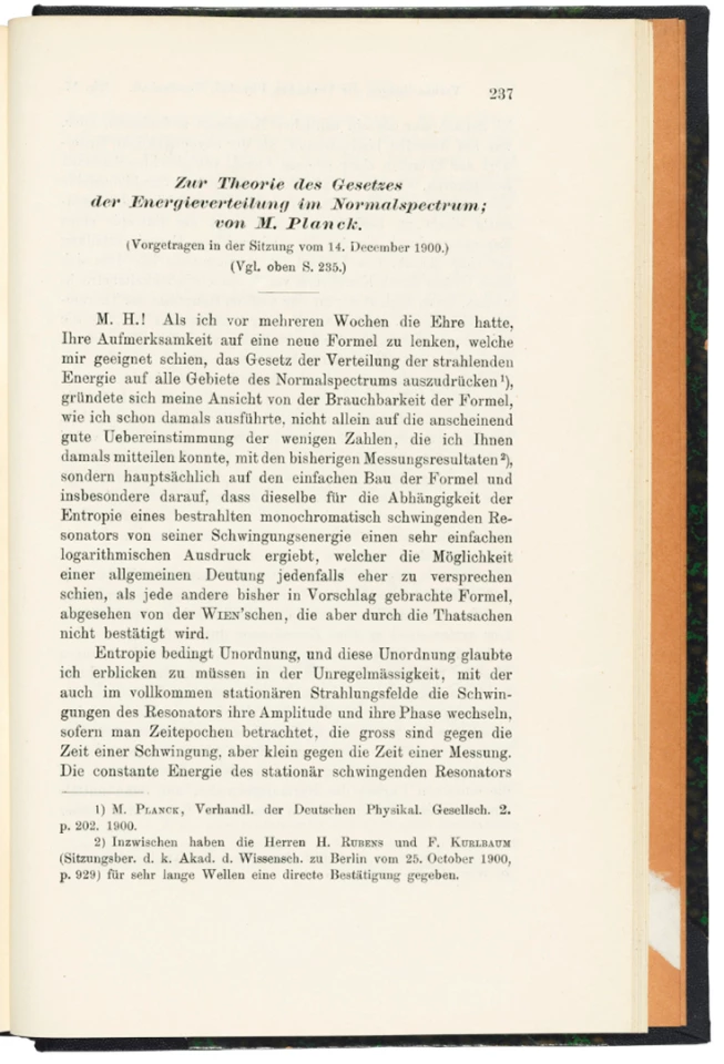 Zur Theorie des Gesetzes der Energieverteilung im Normalspectrum by Max Planck (1900) | Auction Description | Estimate: $8,862 to $12,660 | Auction Date: July 9, 2019