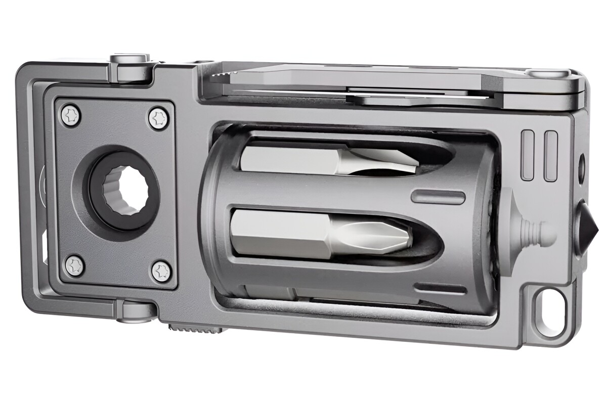 Titanium multitool shoots out nine functions, including a ratcheting driver