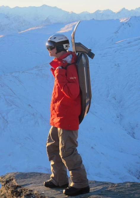 The Snolo Stealth-X folds up into backpack form for the hike up the mountain