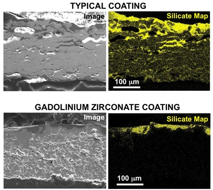 Scanning electron microscope images show what happened when the typical coating (top) and the gadolinium zirconate coating (bottom) interacted with Eyjafjallajokull ash at high temperature (Images: Ohio State University)