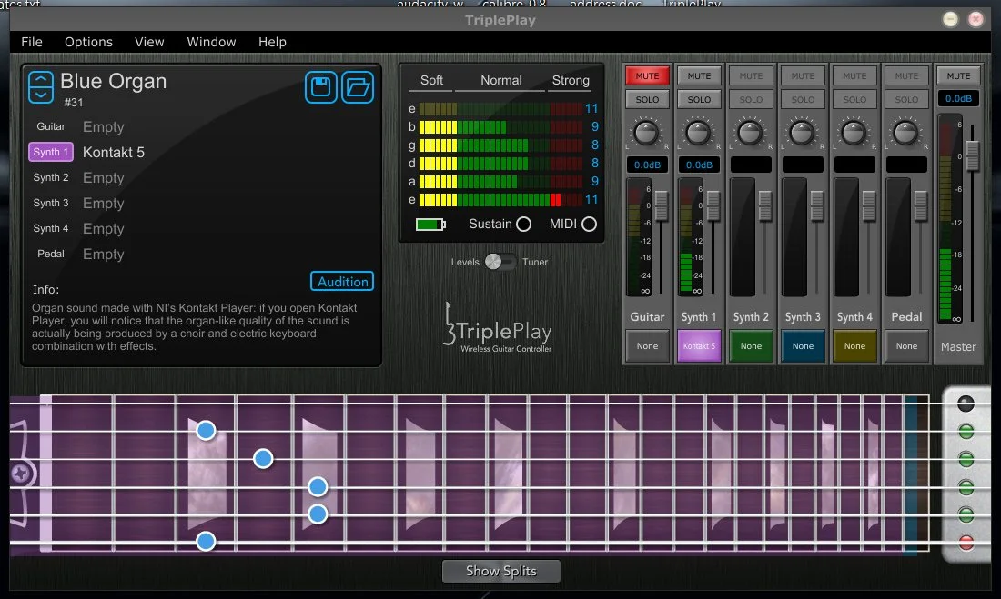 The TriplePlay software's user interface has a patch bank top left, a sensitivity window in the middle, mixers to the right and a virtual fingerboard down below (Image: Paul Ridden/Gizmag)