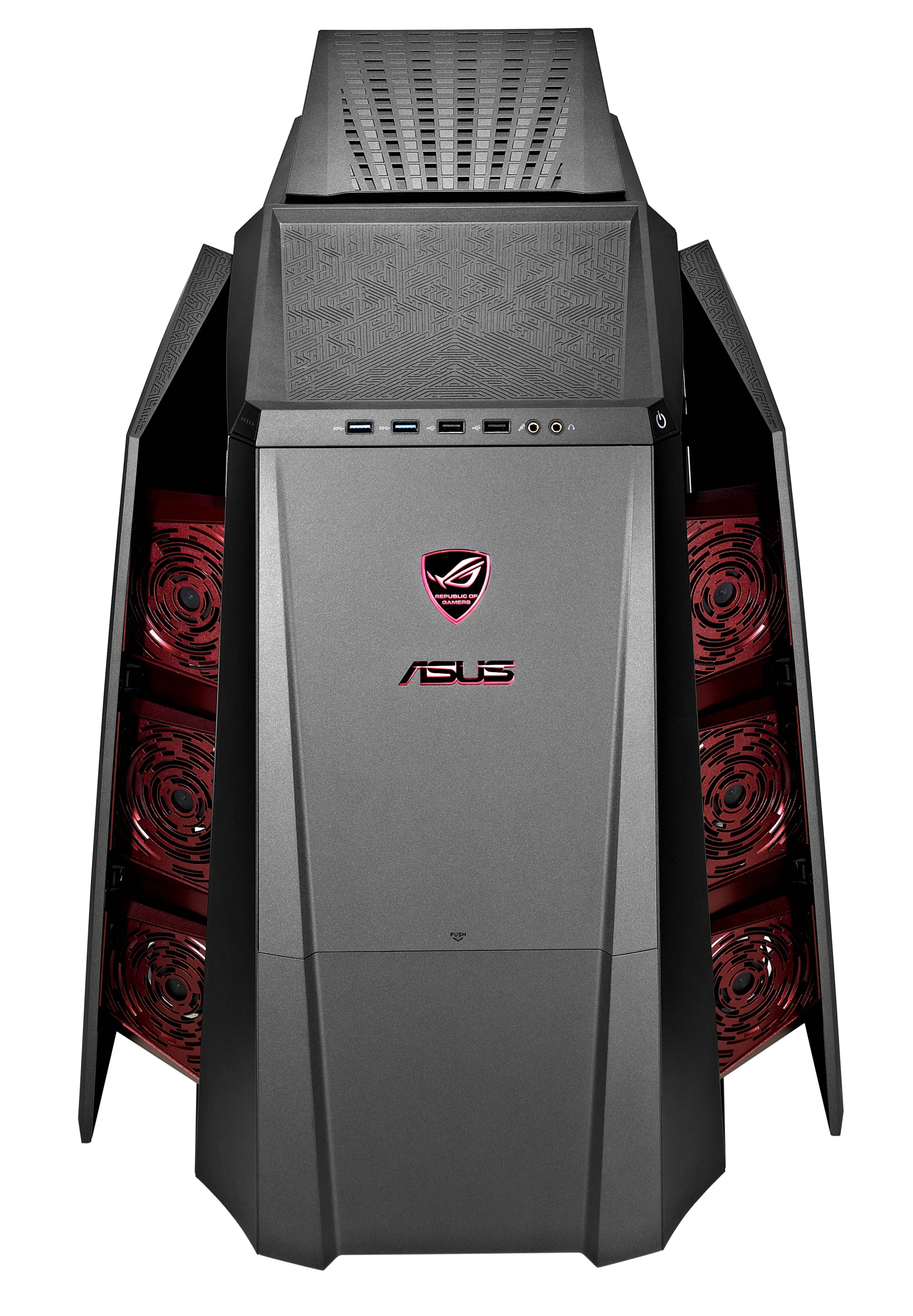 The ROG logo on the case and bottom grill lights indicate the three different system readiness states - blue for 3.8 GHz (Startup mode) and red for 4 GHz (Turbo Gear mode) and 4.2 GHz (Turbo Gear extreme mode) clock speeds
