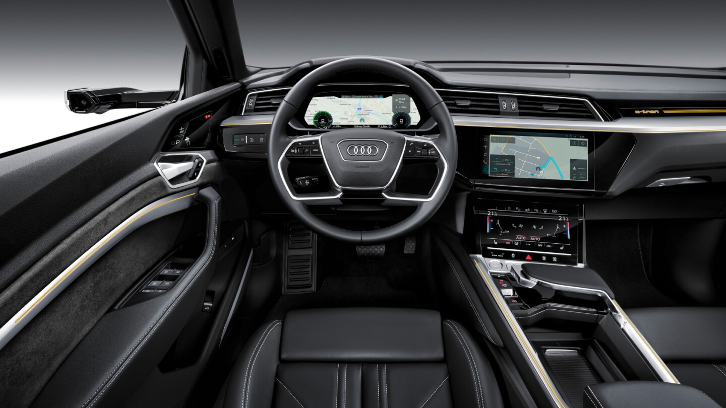 2019 Audi e-tron: twin large color displays and integrated digital mirror panels