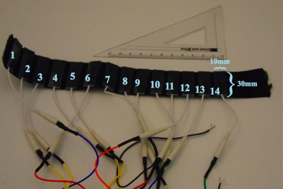 Each of the two forearm belts contains 14 solid gel electrode pads (Photo: Emi Tamaki and Jun Rekimoto / University of Tokyo)