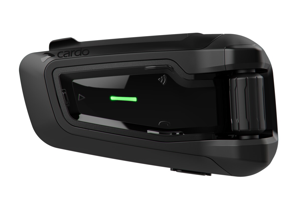 The Cardo Packtalk Black, a special edition motorcycle Bluetooth comms kit rocking 45-mm JBL speakers