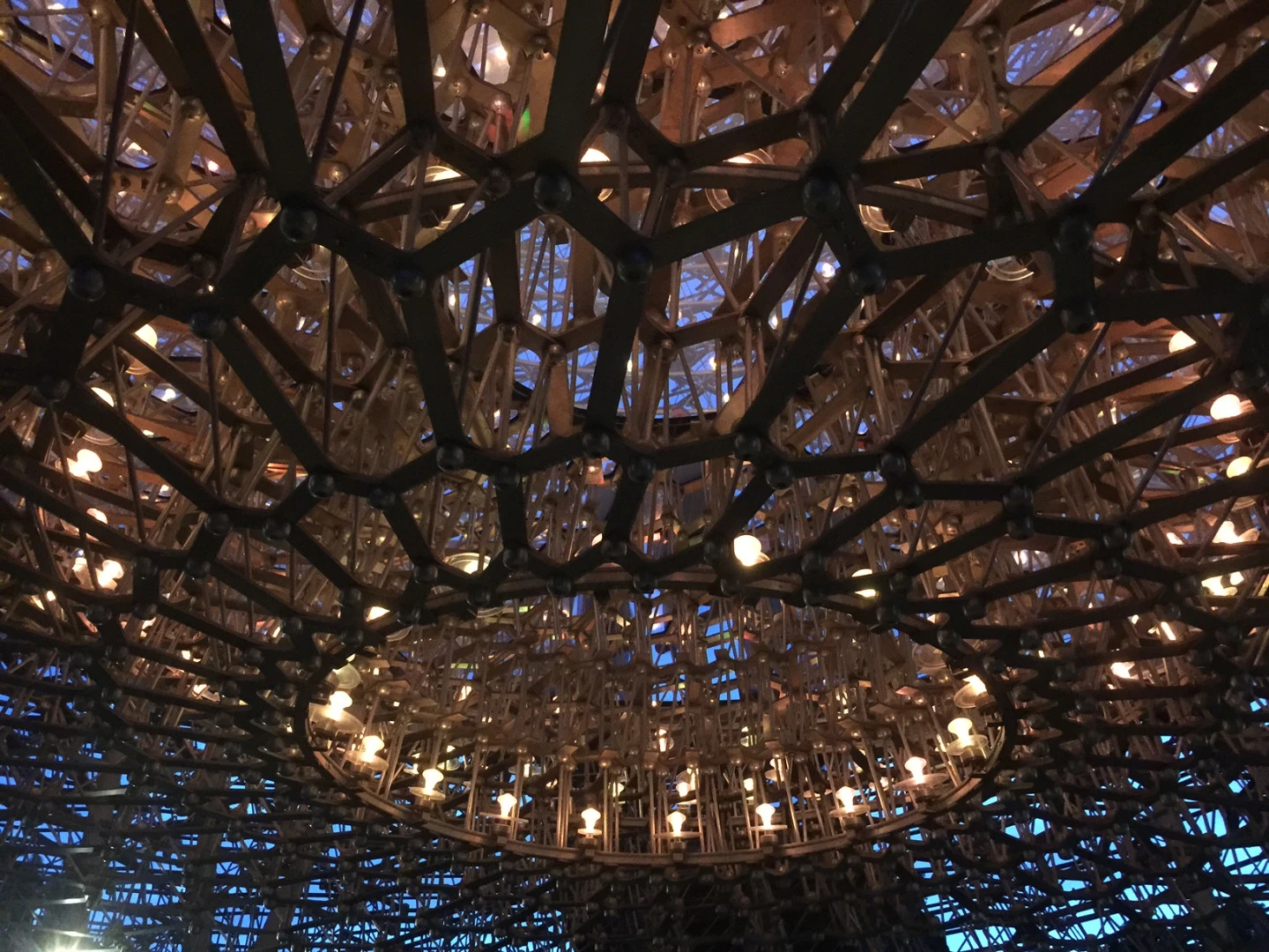 The hexagonal latticework of The Hive from below