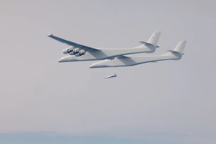 Stratolaunch Systems' Talon-A1 (TA-1) gets released from the Roc – the world's largest aircraft – before firing up its rocket engine