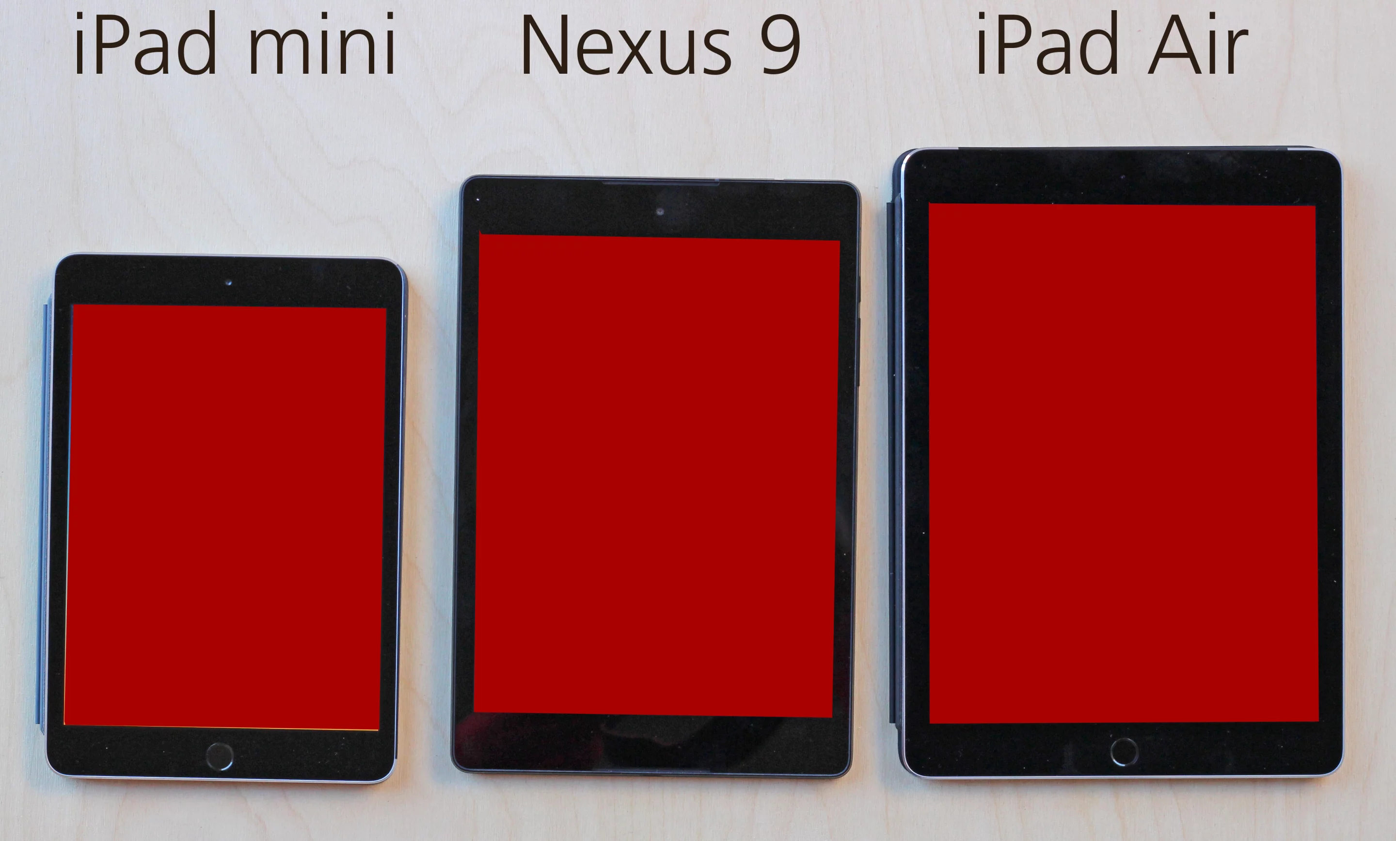 The Nexus 9, sandwiched between the latest iPads (Photo: Will Shanklin/Gizmag.com)