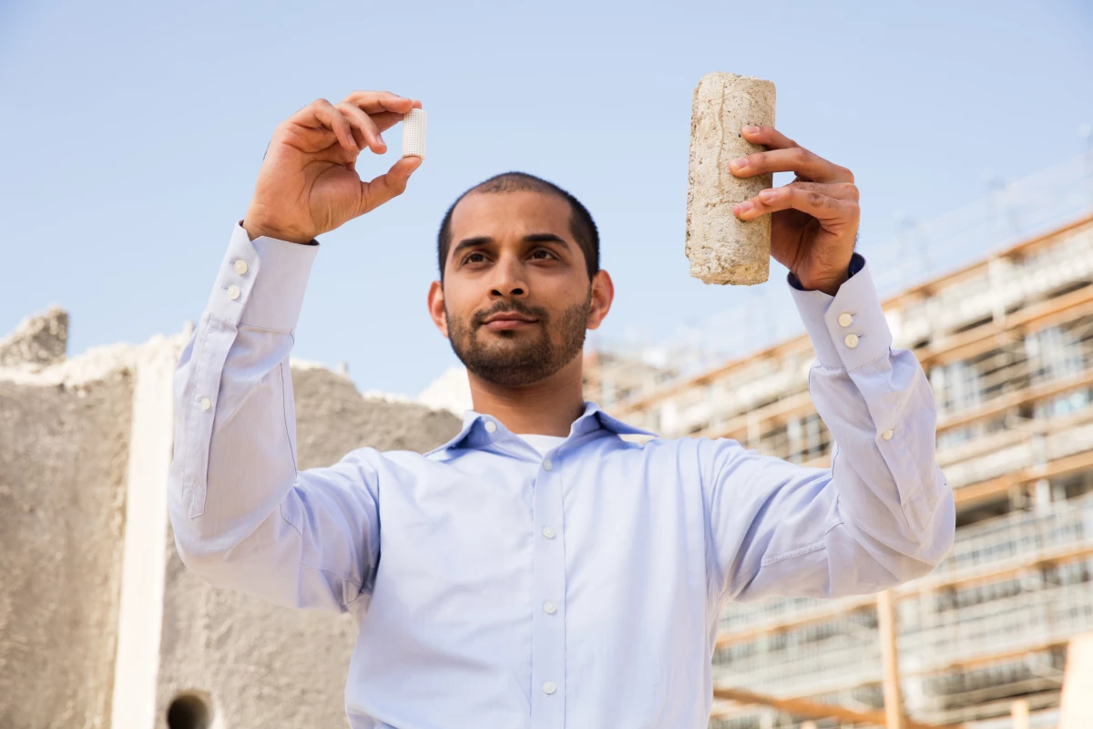 UCLA Carbon Built team member Gaurav Sant with samples of low-carbon concrete