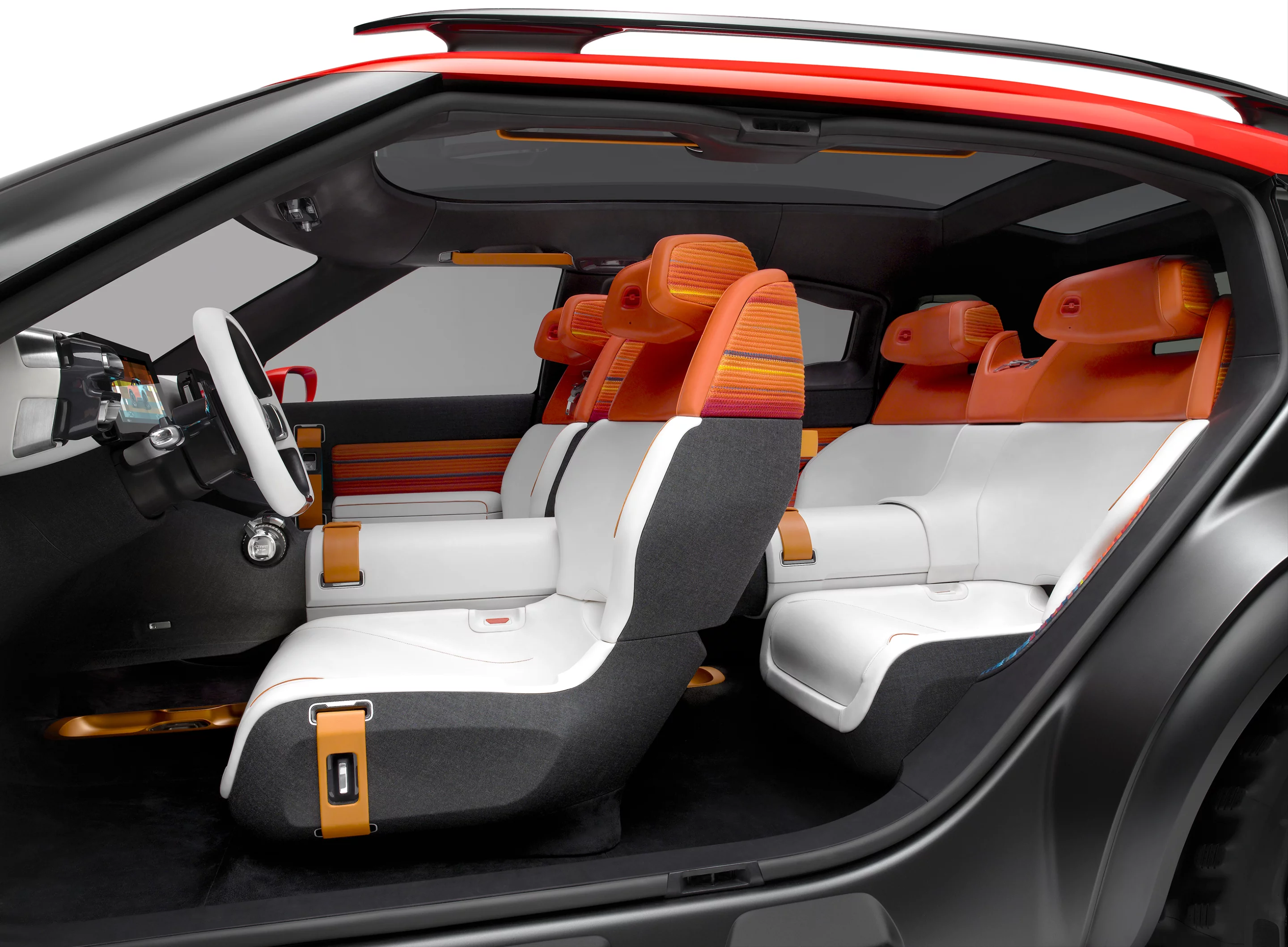 The seats include white leather and orange headrests