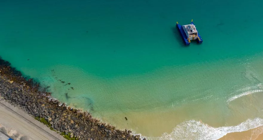 The demonstrator sits about 100 m (328 feet) off shore in water around 5.75 m (19 feet) deep