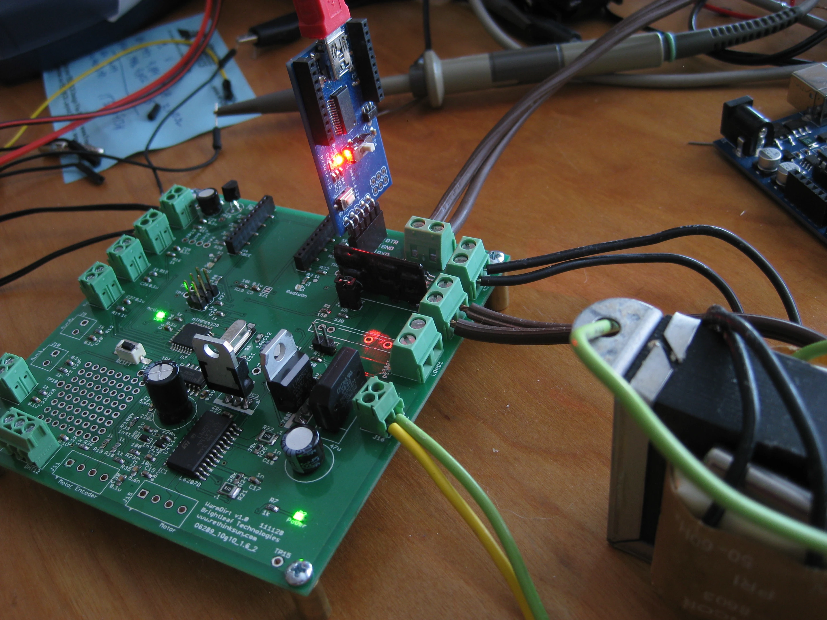 The WarmDirt PCB gets soldered and connected