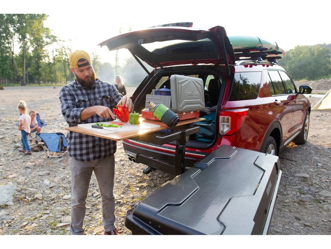 The BackDeck is a handy accessory that mounts to the EXO hitch system to provide a work table right off the back of the tailgate