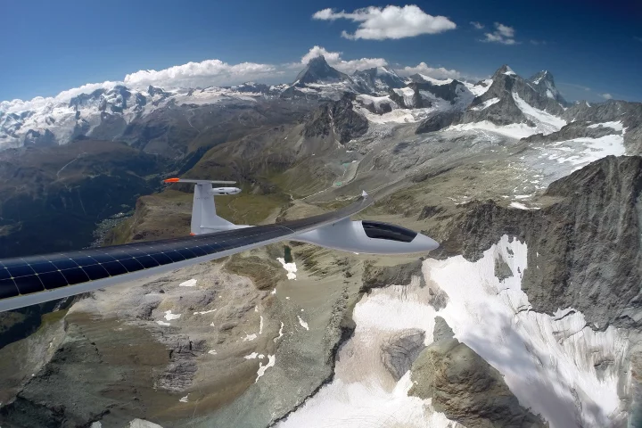 The Sunseeker Duo flies over Switzerland's Aletsch Glacier