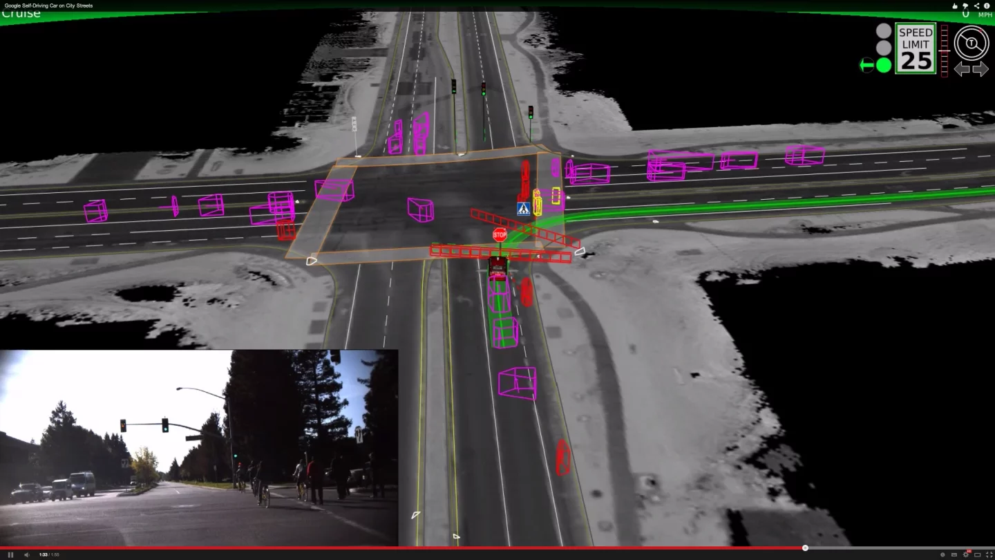 Google's self driving car waits for cyclists and pedestrians at an intersection
