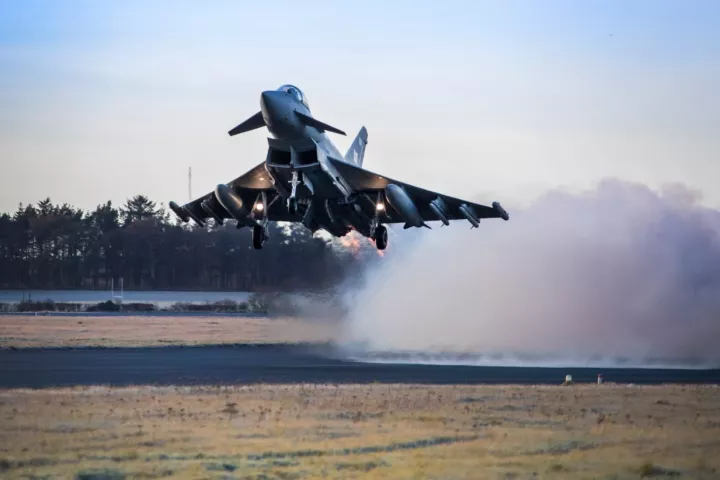 An RAF Typhoon equipped with Meteor missiles takes off from RAF Lossiemout