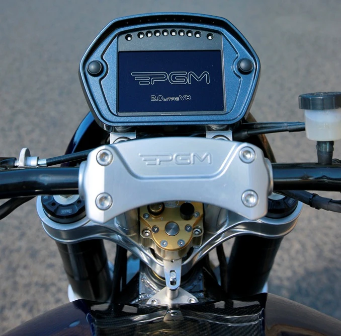 The PGM V8 motorcycle's custom Motec dash