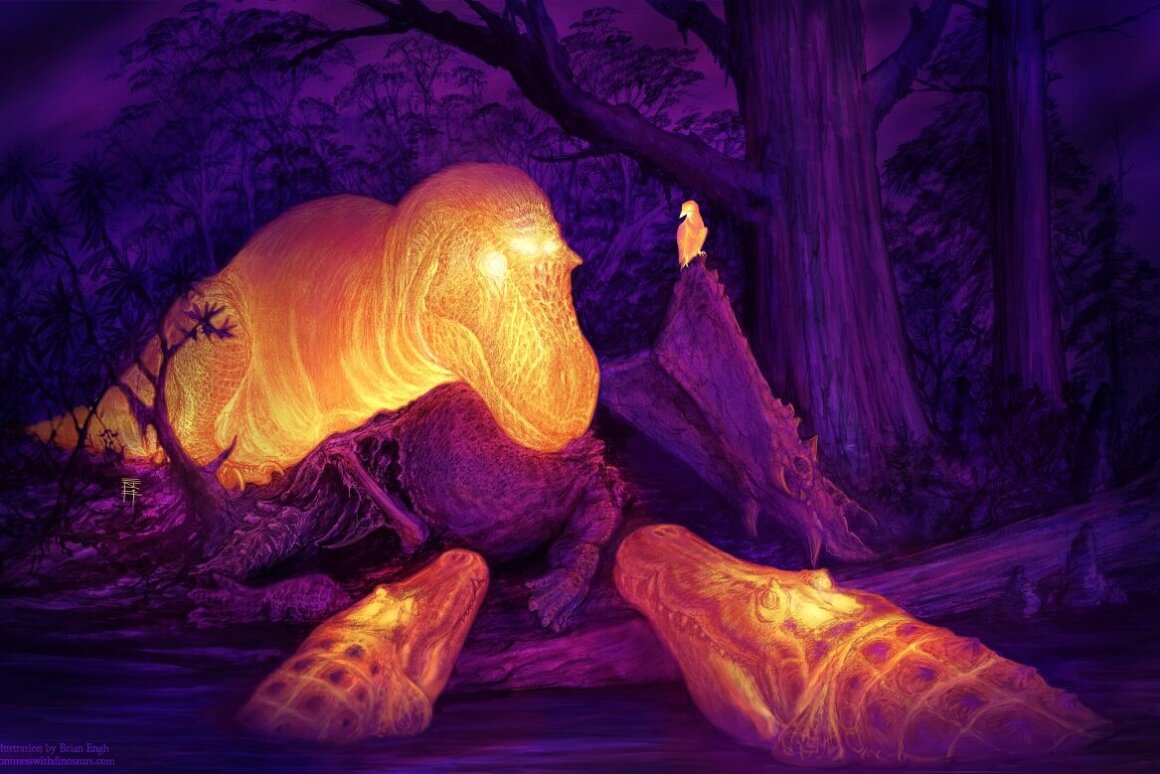 A thermal image of a T. rex with its dorsotemporal fenestra glowing on the skull