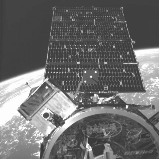 This image of NEXTSat was captured by ASTRO's Visible Sensor 2 on April 17. Note the battery Orbital Replacement Unit (ORU) in place on NEXTSat (large box on the left side of the image). The Battery ORU was transferred from ASTRO to NEXTSat during Scenari