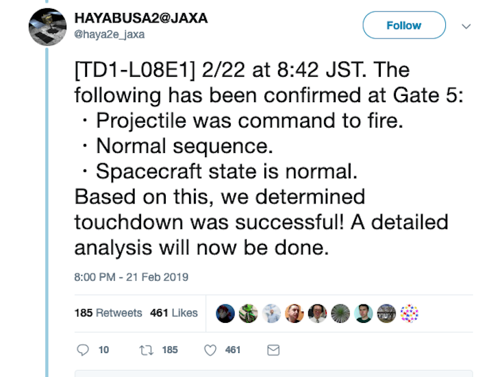Data confirms a successful touchdown of the Hayabusa 2 craft