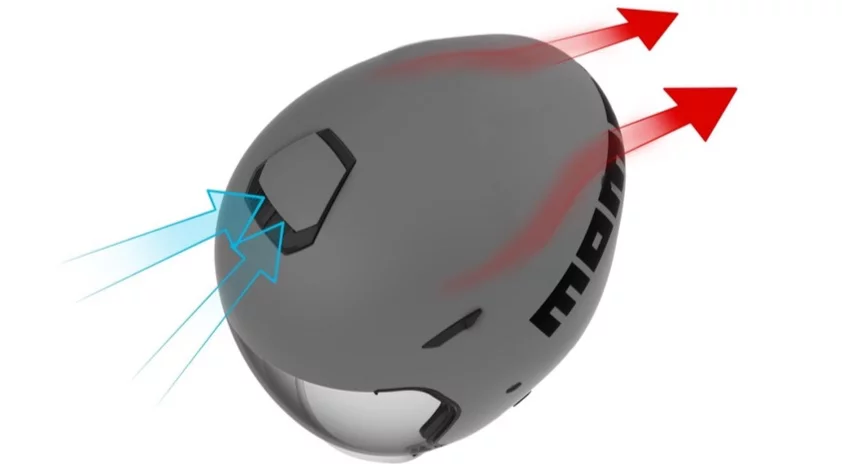 The Aero helmet incorporates an internal fan that draws cool air in through a vent in the front, while expelling hot air through two vents in the rear