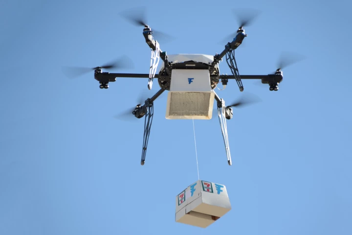 A chicken sandwich, donuts, hot coffee, Slurpees and candy were packed into a purpose-built container and carried autonomously by a Flirtey drone