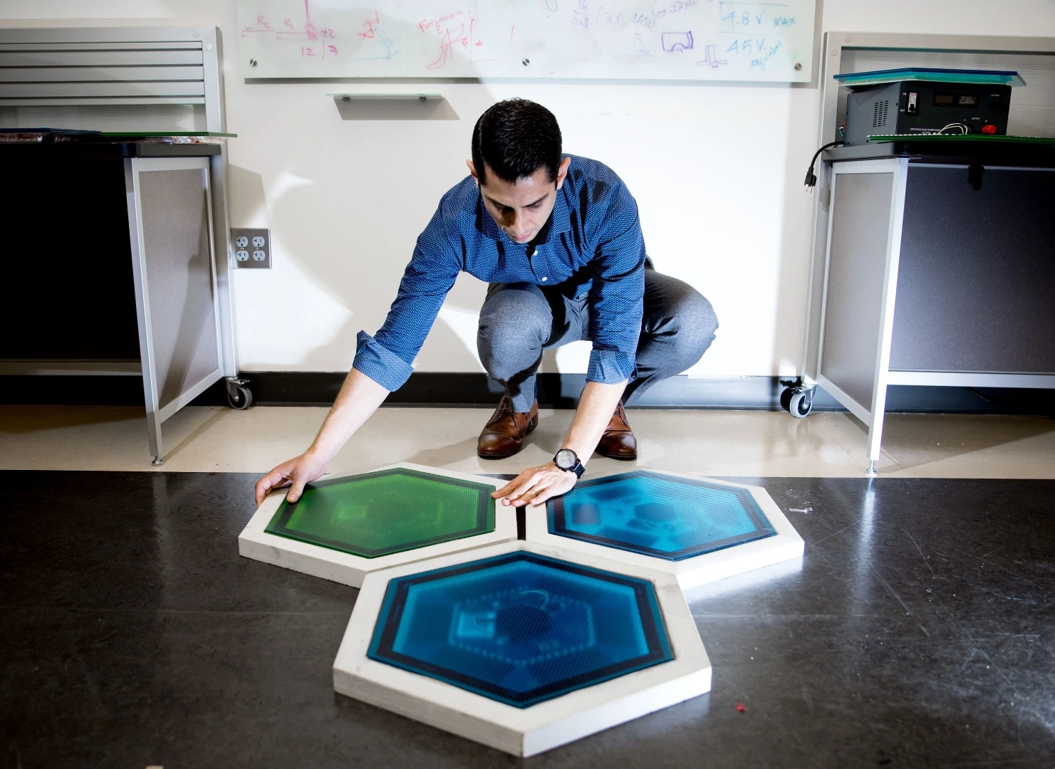 The piezoelectric tiles will form mosaic images of Earth, Mars, the Moon and the International Space Station