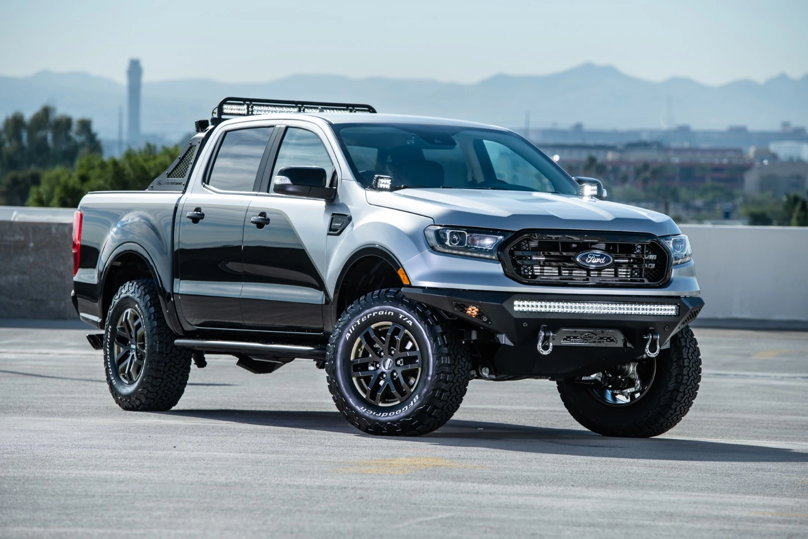 The Ford Performance Ranger Pre-Runner is loaded with off-road modifications, including an electronic locking rear diff, Fox/BDS 3-in leveling kit with off-road shocks and BFG KO2 tires