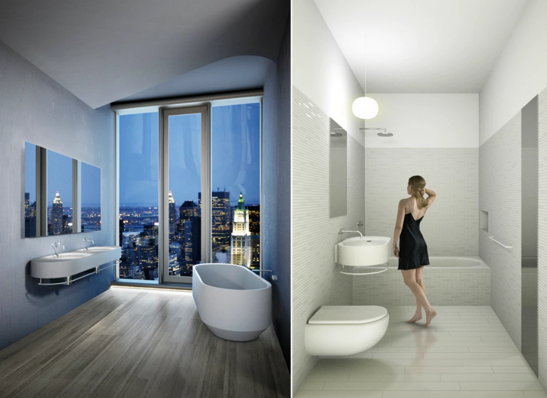 Mock-ups of the interiors portray minimalist fixtures and commanding views